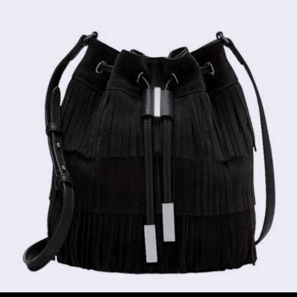 VINCE CAMUTO Black Suede Leather Fringe Bucket Drawstring Shoulder Bag NWT $278 - Picture 1 of 5
